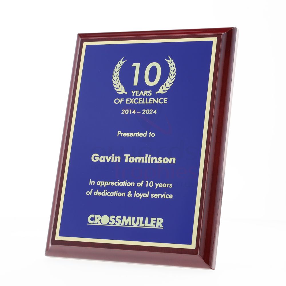 Designer Brass Plaque (Blue on Rosewood) 225mm